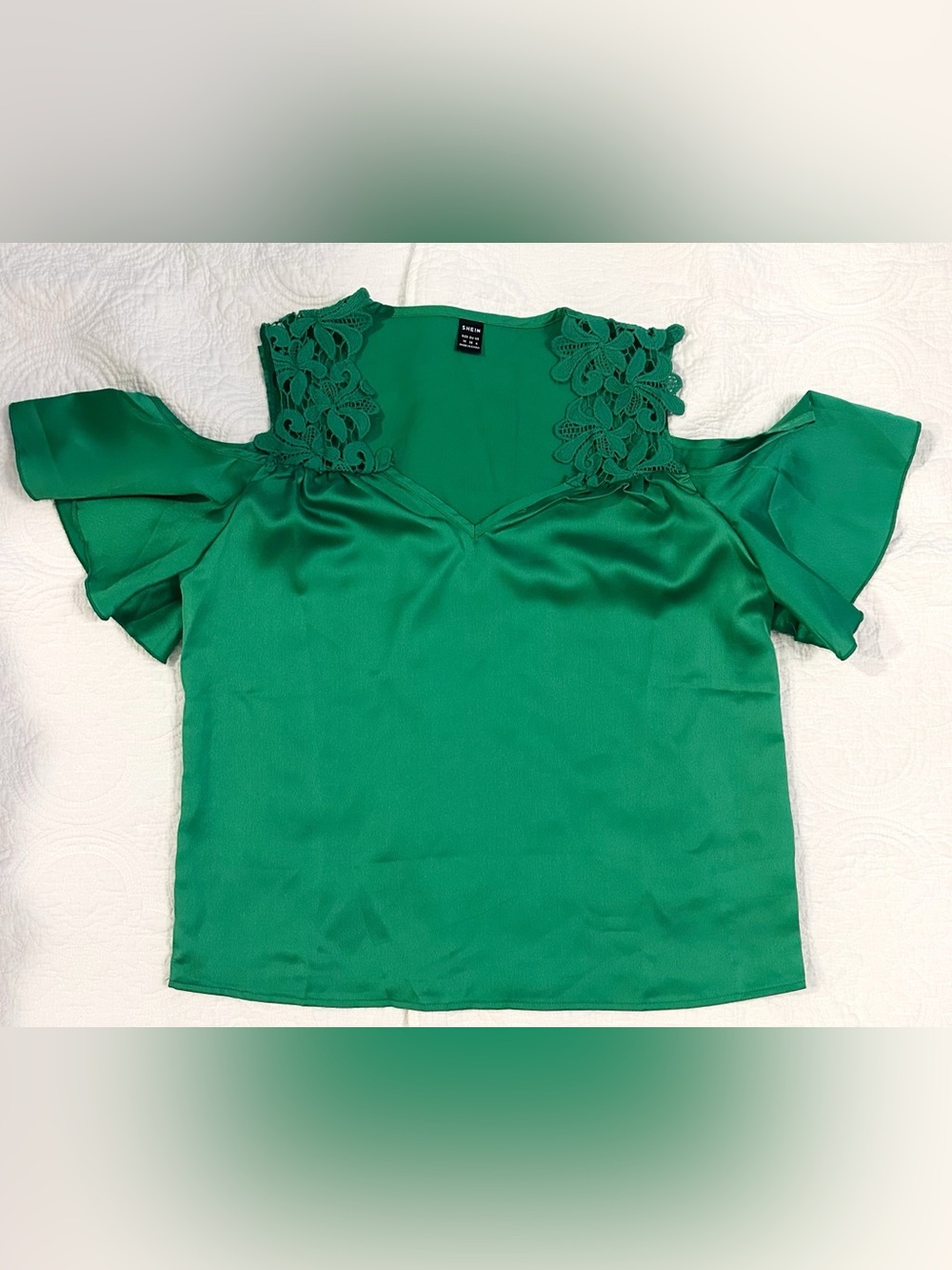 SHEIN Emerald Lace-Trim Cold Shoulder Satin Blouse